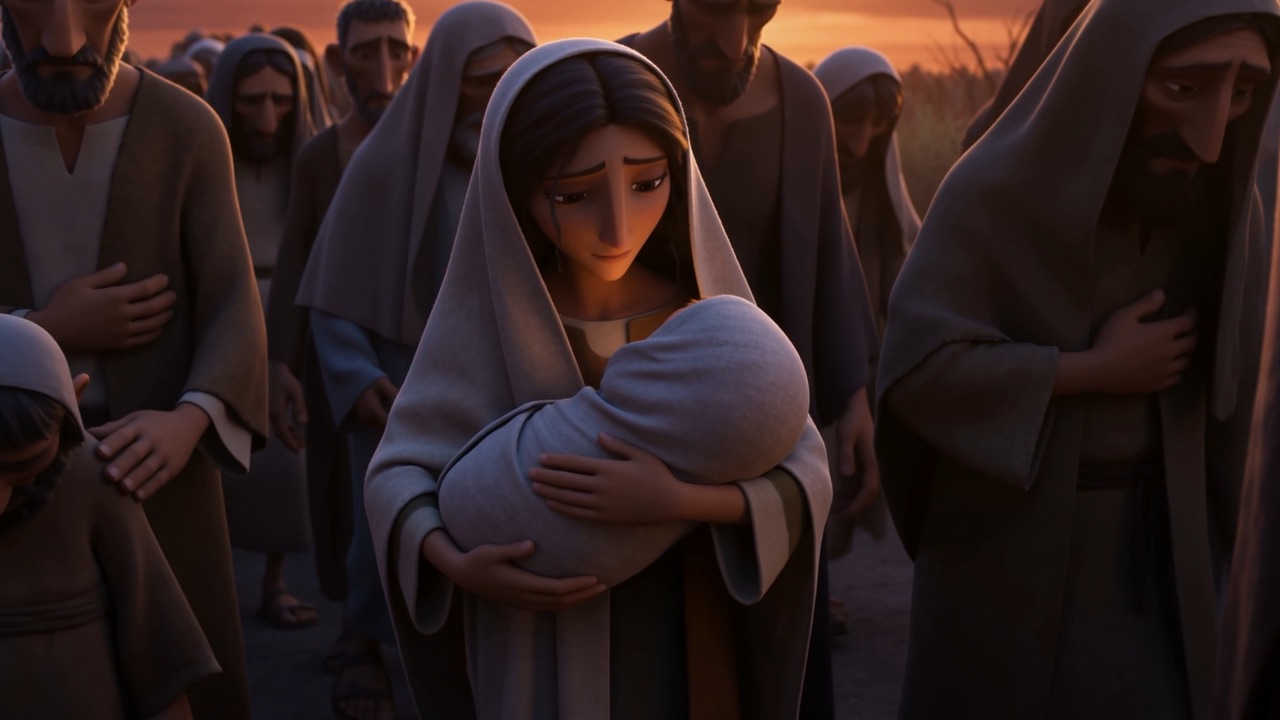 A woman with a baby, still walking