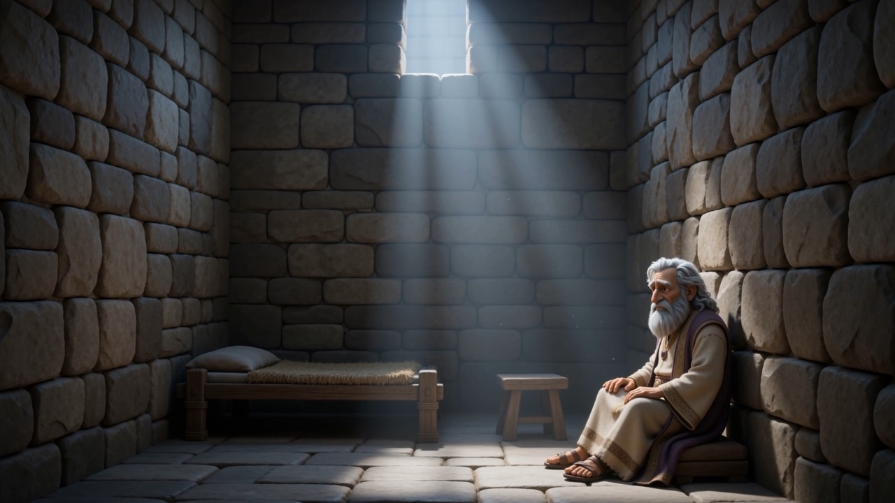 An old man sitting on a low bench against the wall
