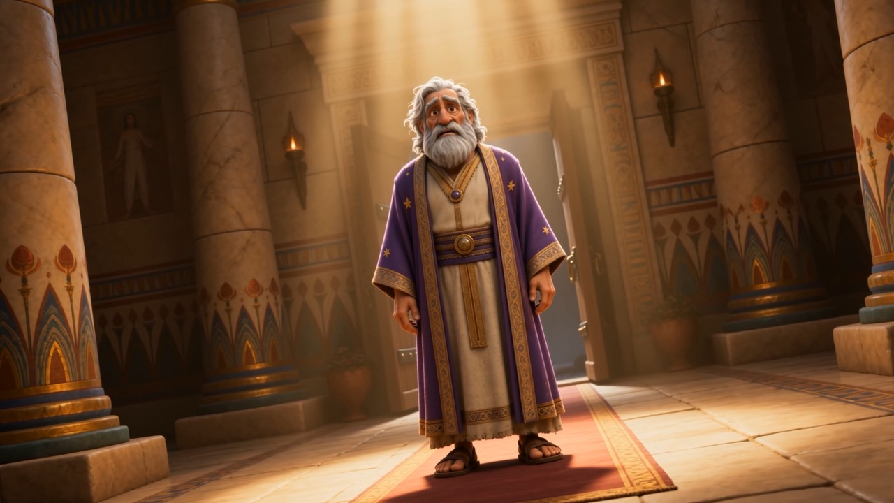 He stands in a warm hall in clothes that fit