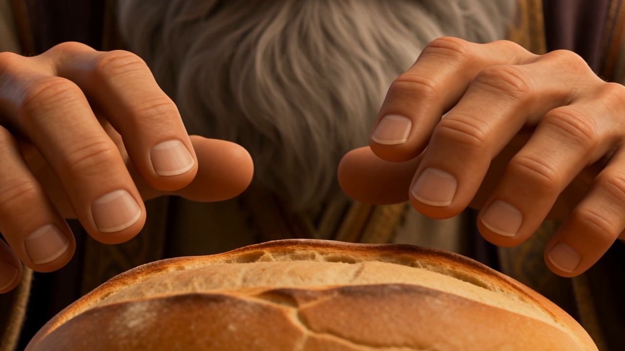 His hands, gripping it, not eating yet