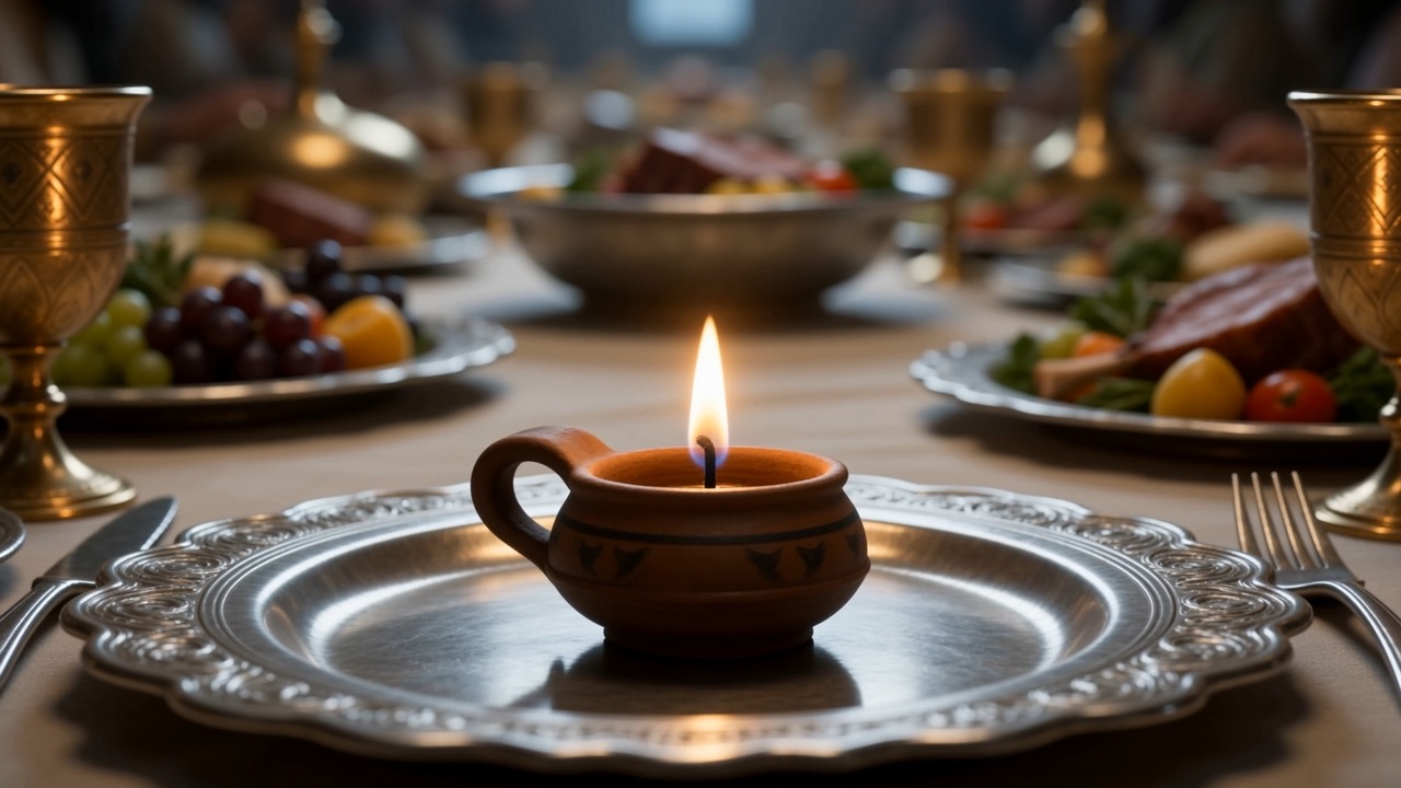 A small clay lamp burning on a plate among the dishes