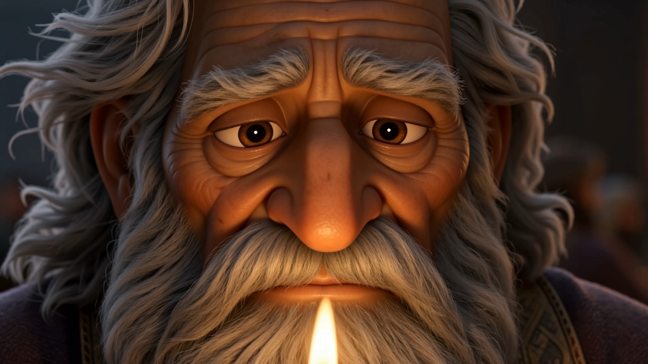 His face behind the flame