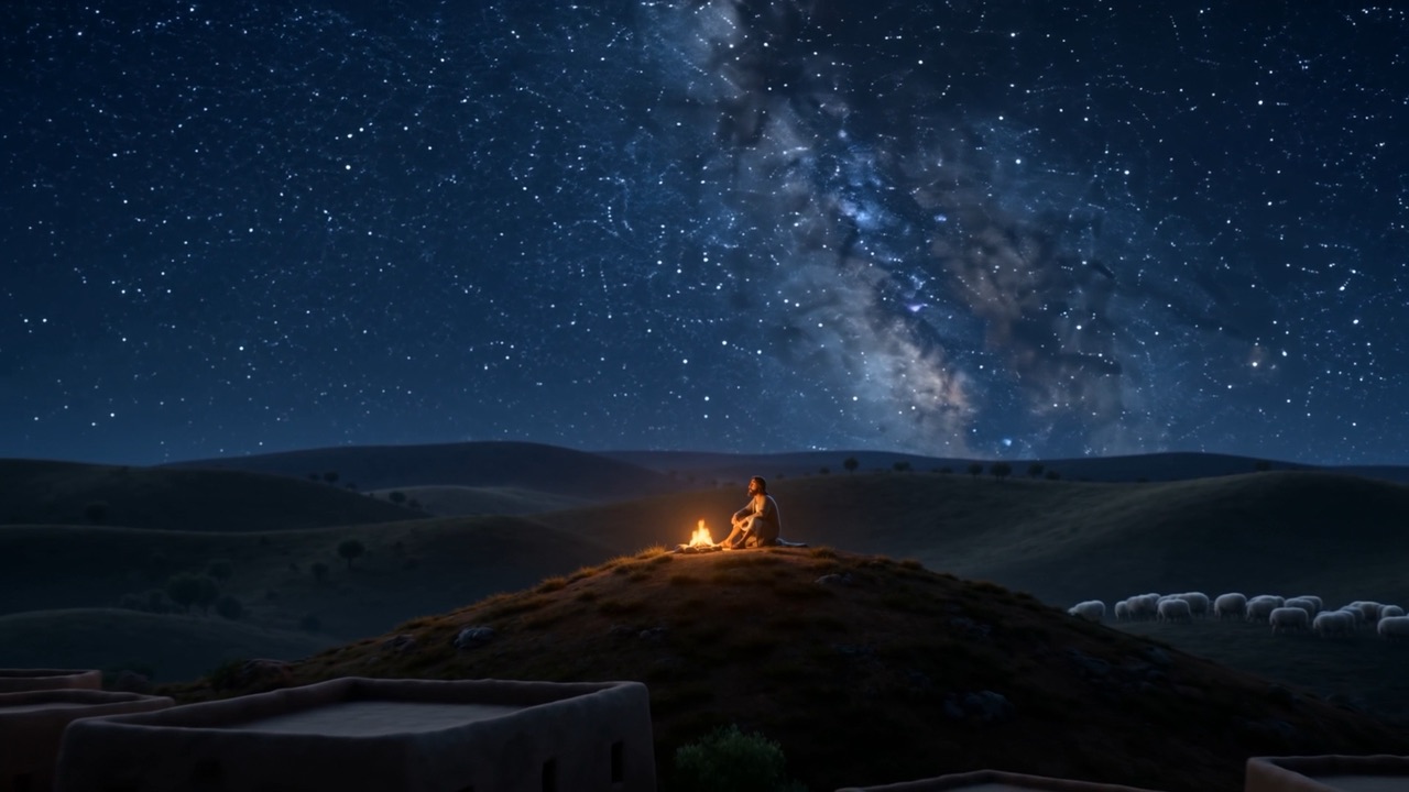 A hill, a fire, and the Milky Way over everything