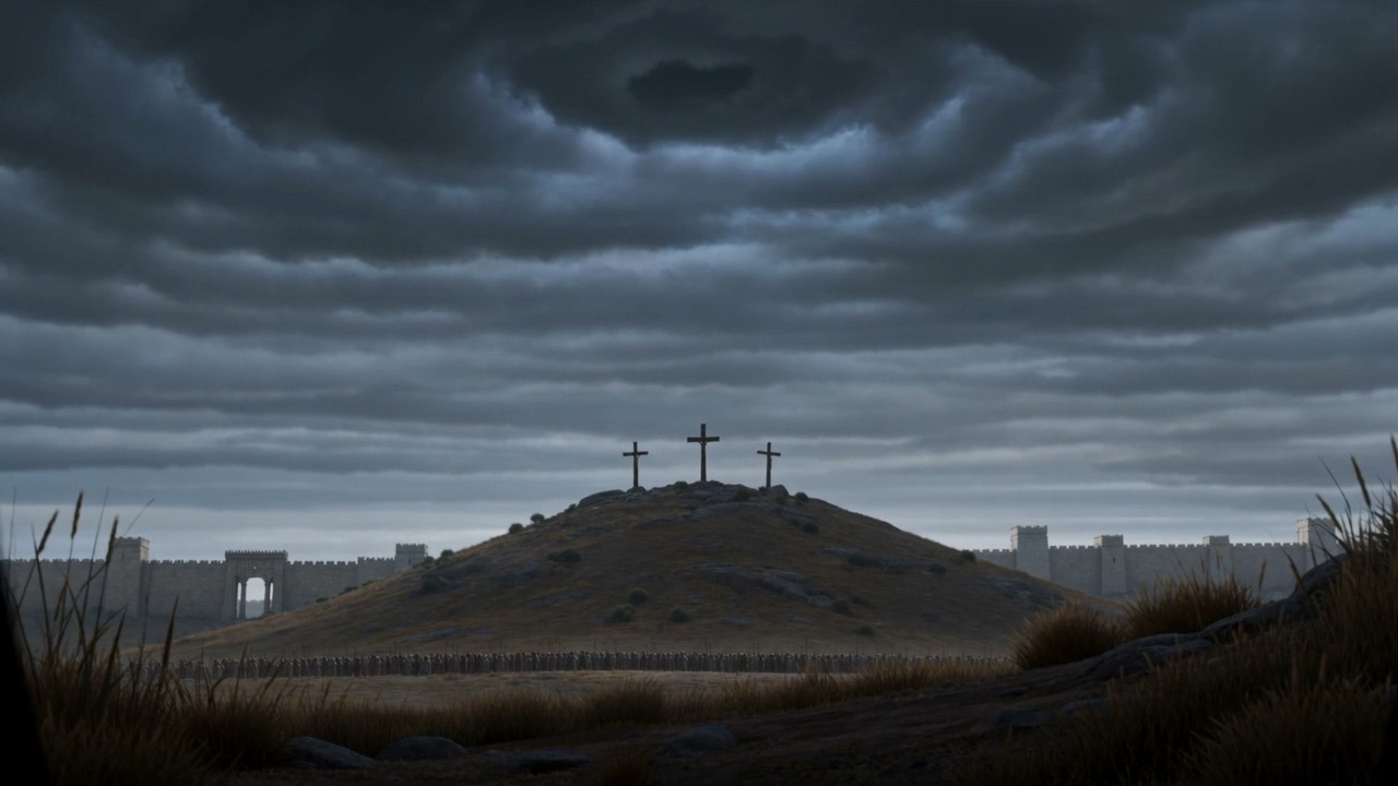 Three crosses on the hill above the wall