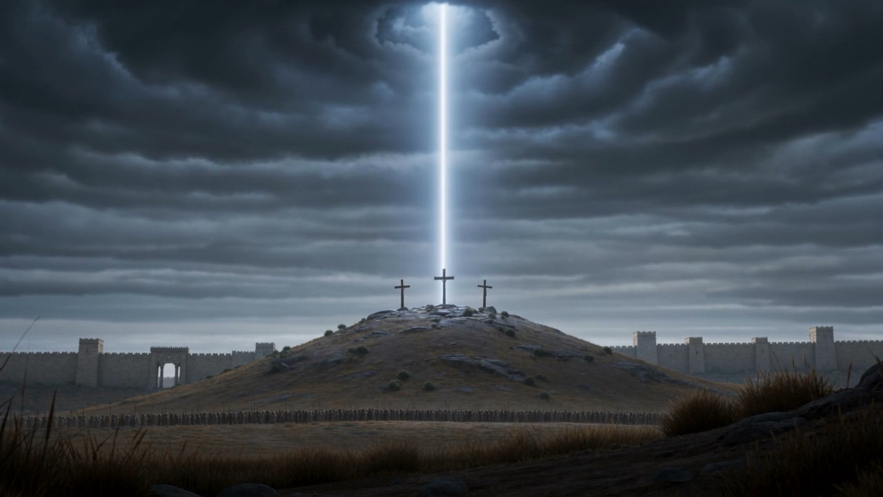 A shaft of white light comes down onto the crosses