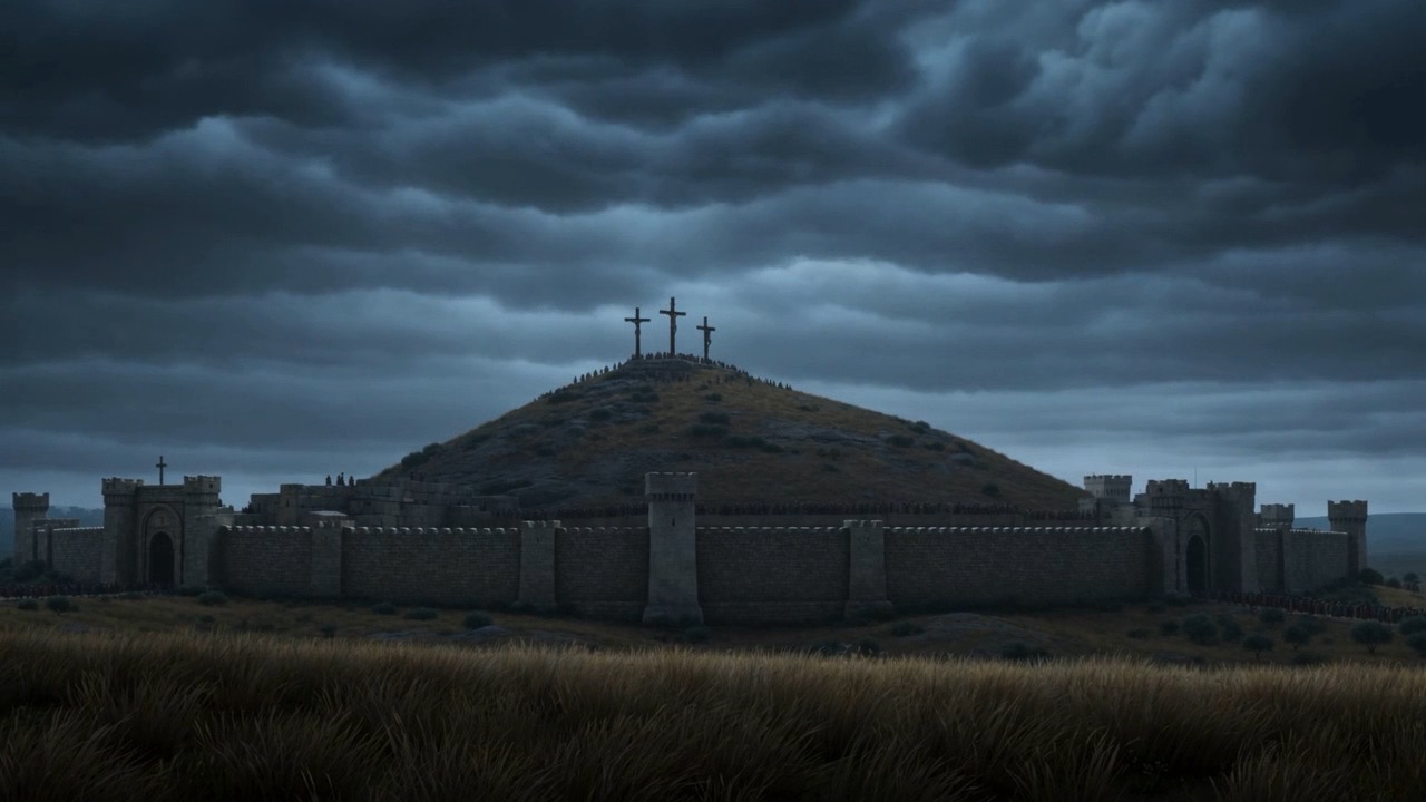 A walled city under a low, heavy sky