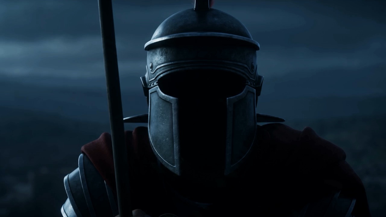 The face is in shadow under the helmet