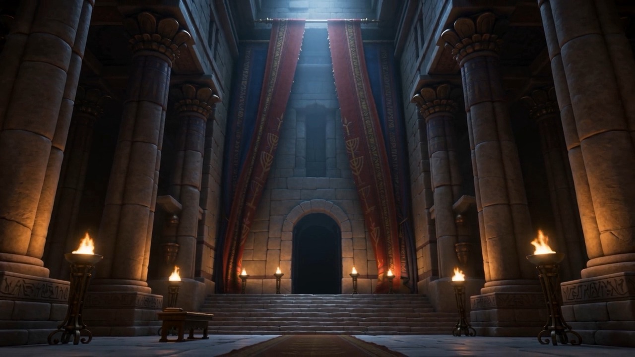The hall beyond, lit by lamps, and the way now open