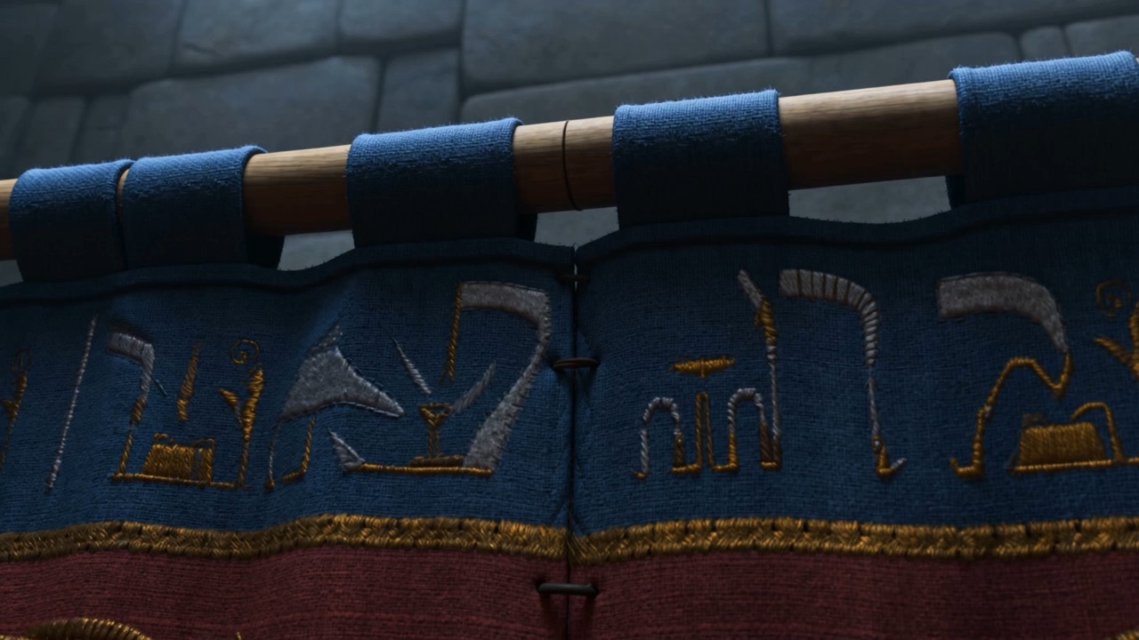 Close on the weaving: gold thread on deep blue