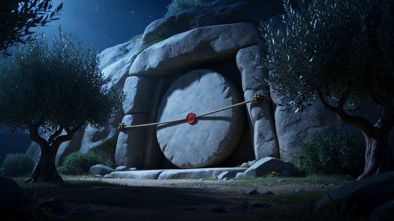 A round stone rolled across a rock-cut tomb