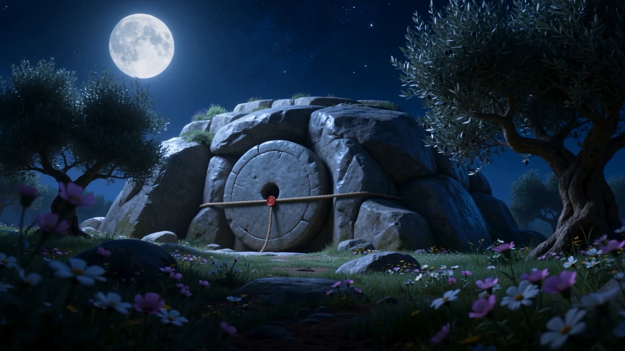The tomb under a full moon, olive trees around it