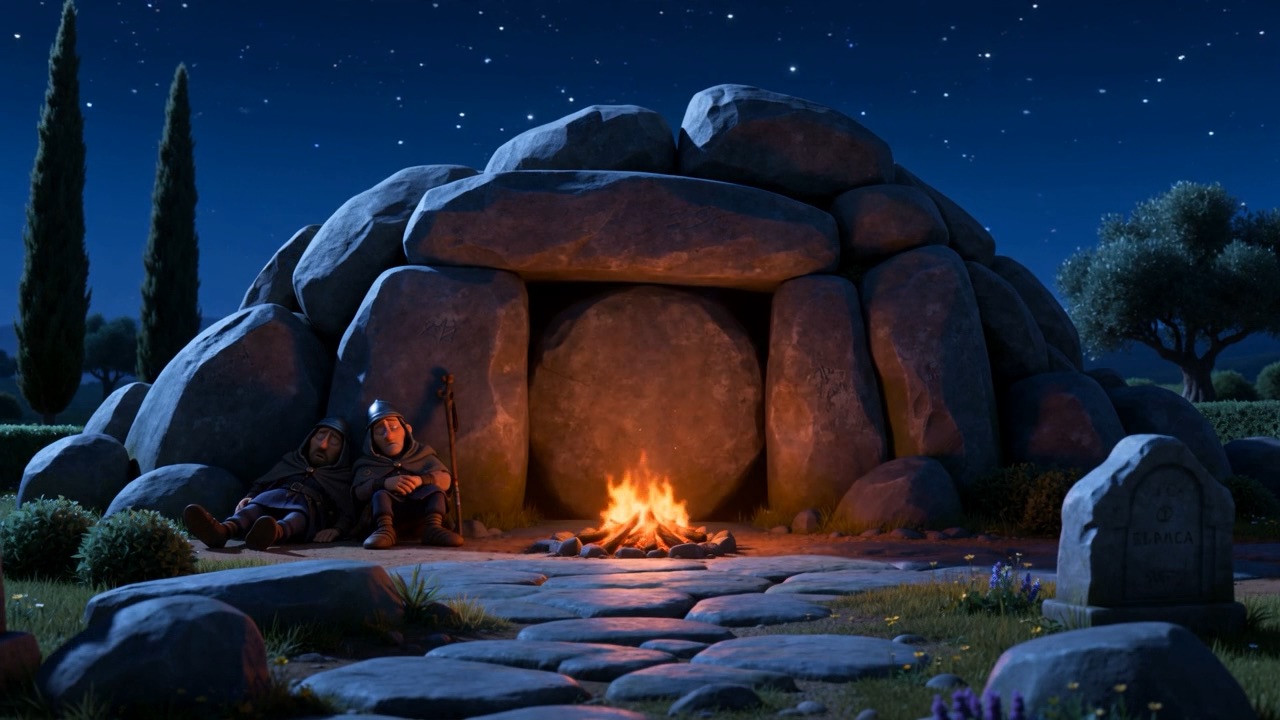 The tomb before dawn, one small fire outside it