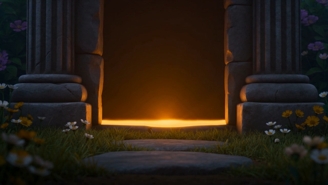 Gold light pouring out through the doorway
