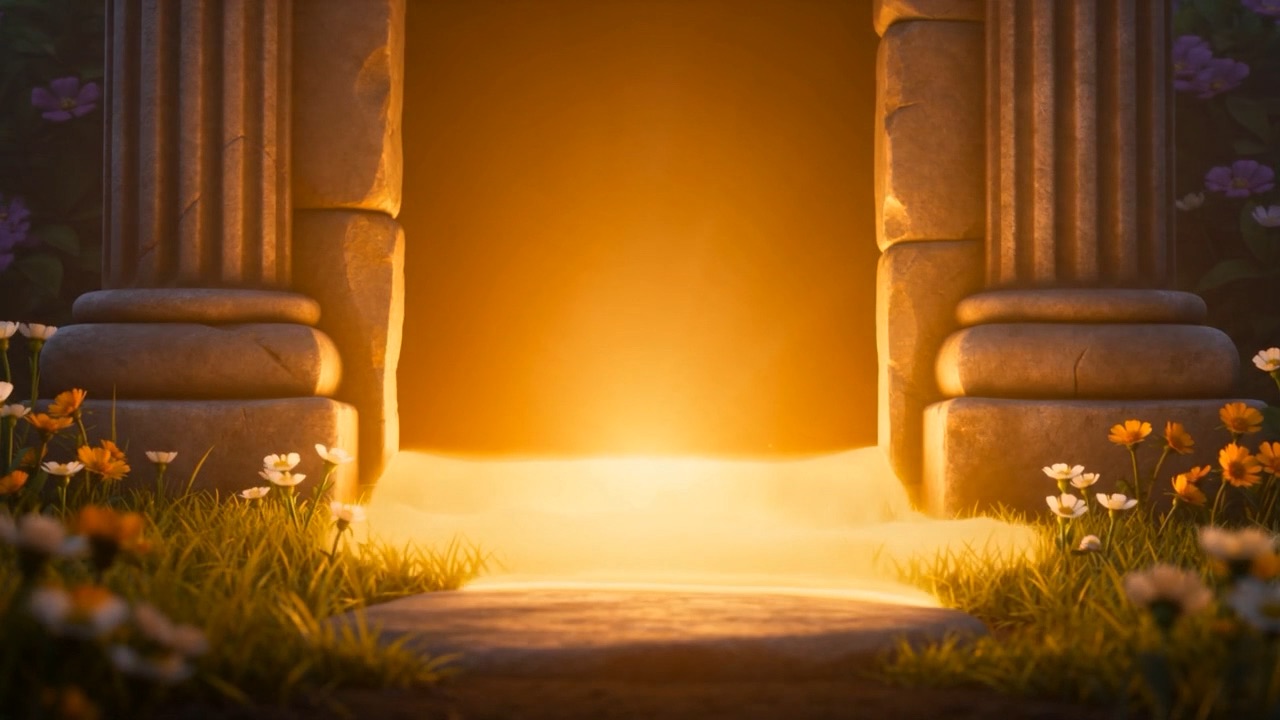 The whole mouth of the tomb, alight
