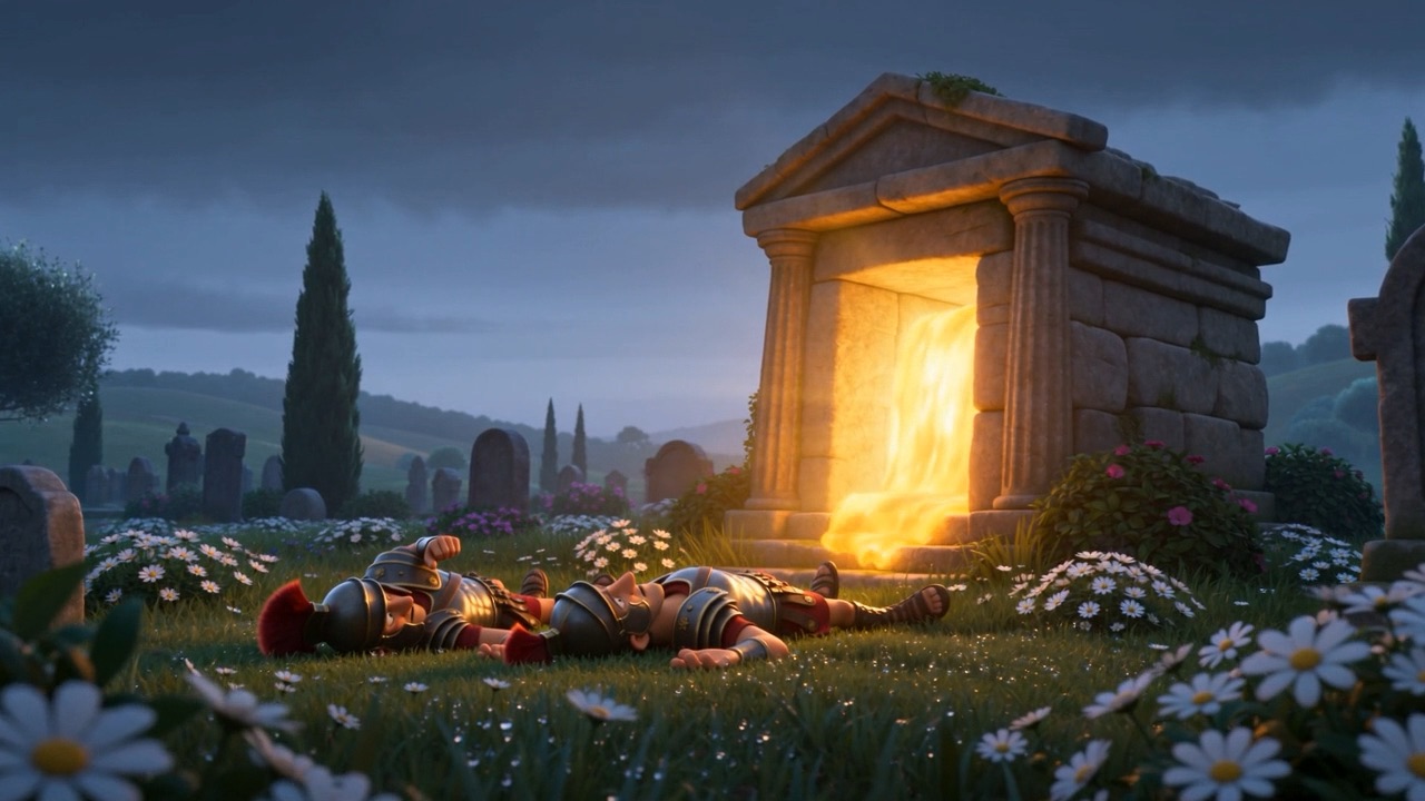 Armoured men flat on their backs in the grass