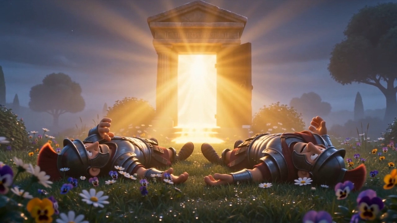The light from the tomb throws long shadows