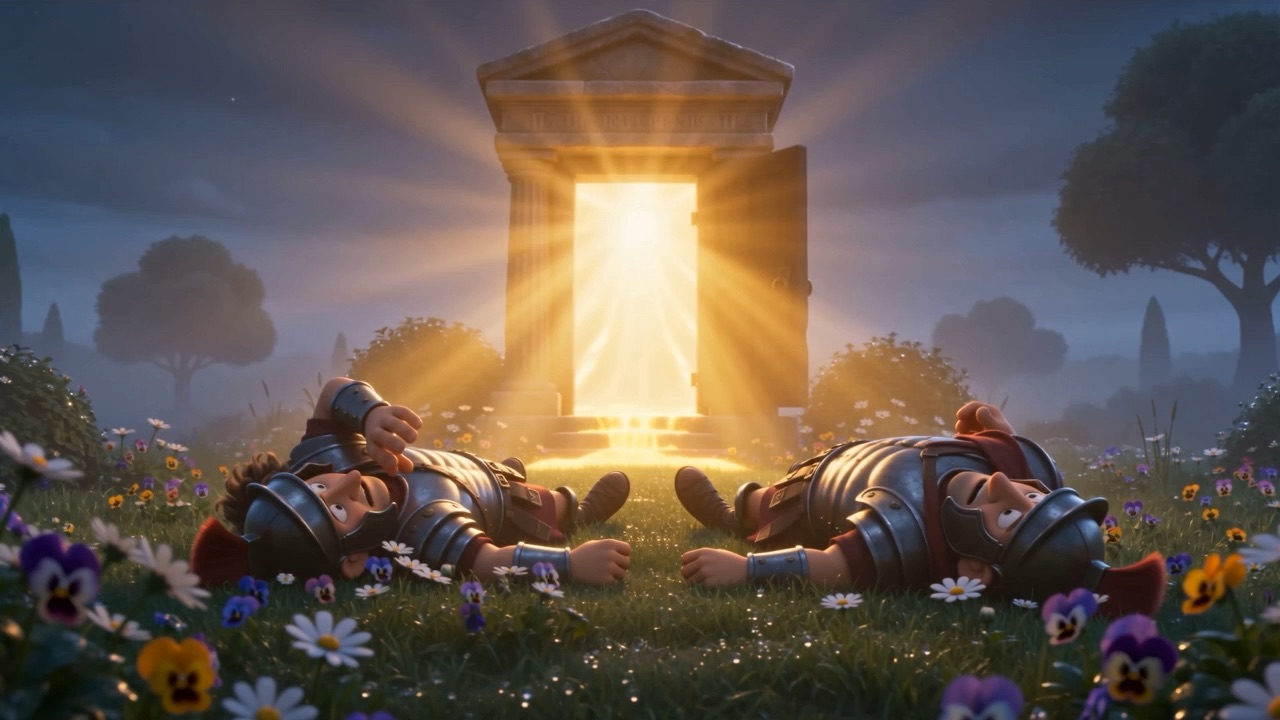 Helmets and spears scattered in the flowers