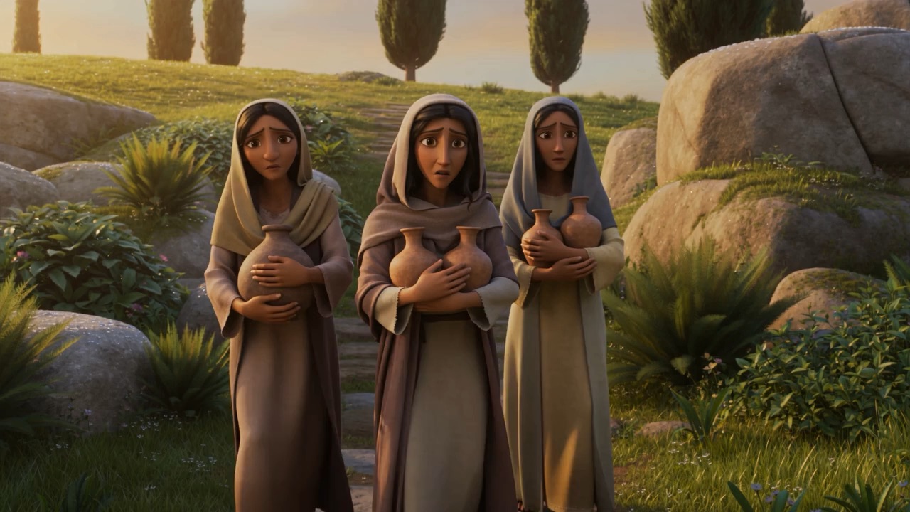 Three women on the path at first light, carrying jars