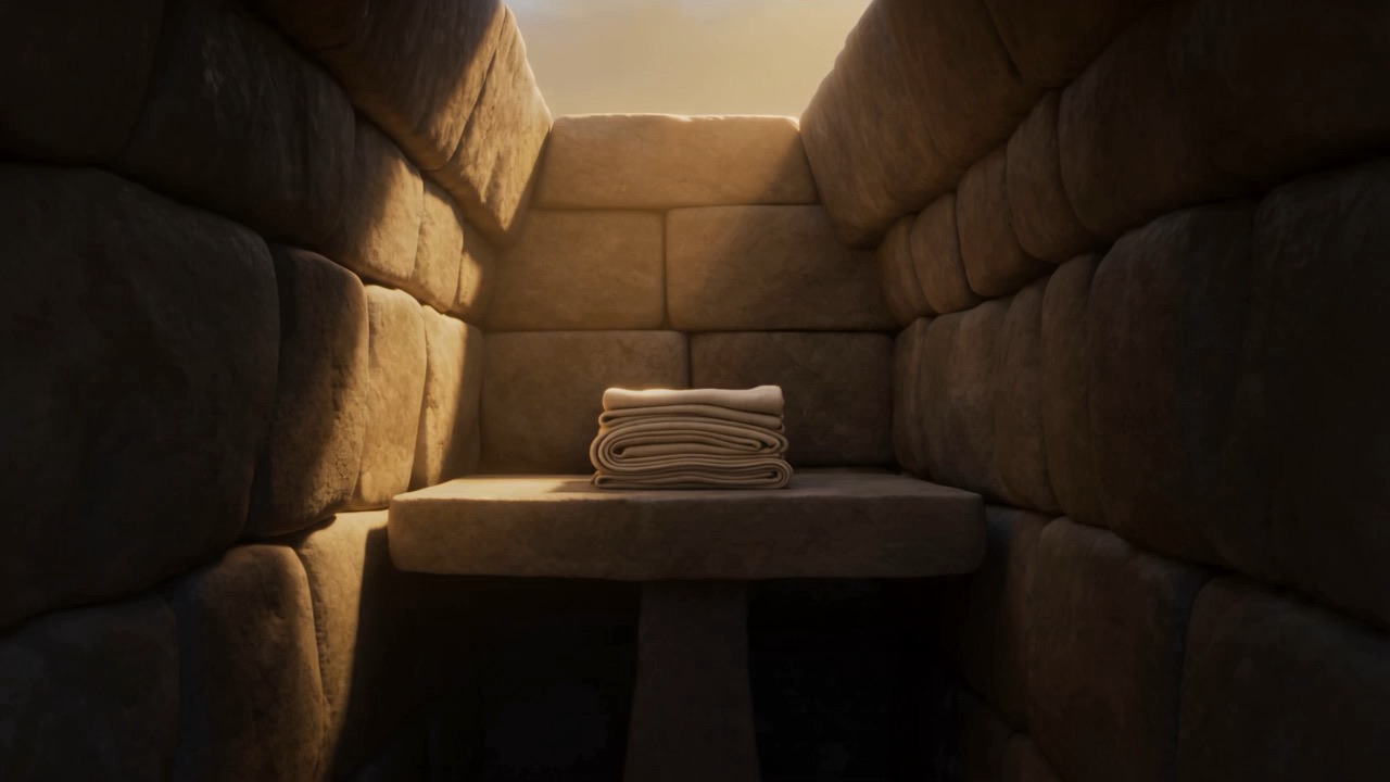 Inside — an empty stone shelf