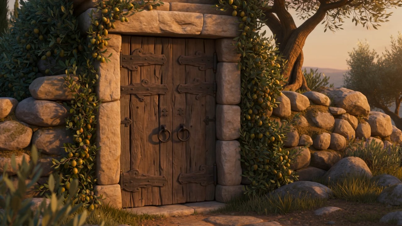 A wooden door in a garden wall