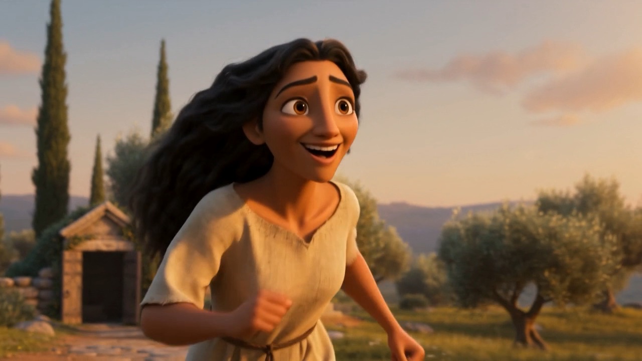 Running between olive trees, laughing