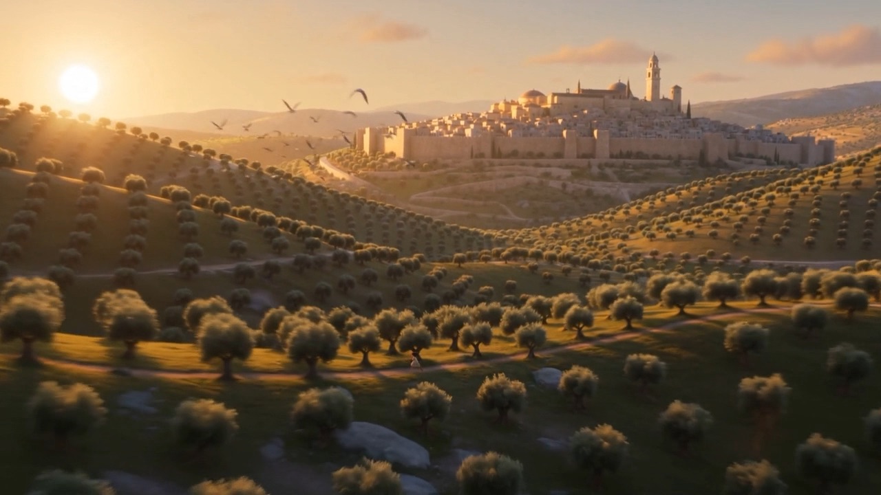 The valley below, and the city in the sun