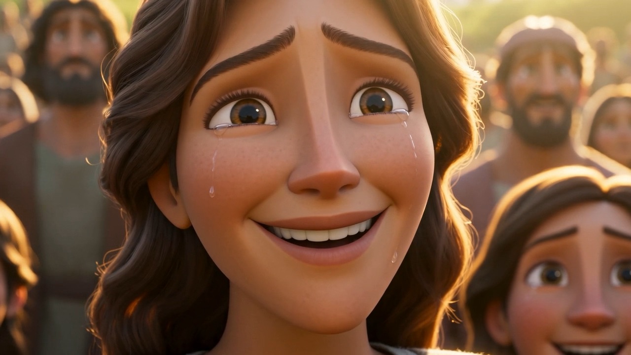 A woman's face, crying and grinning at once