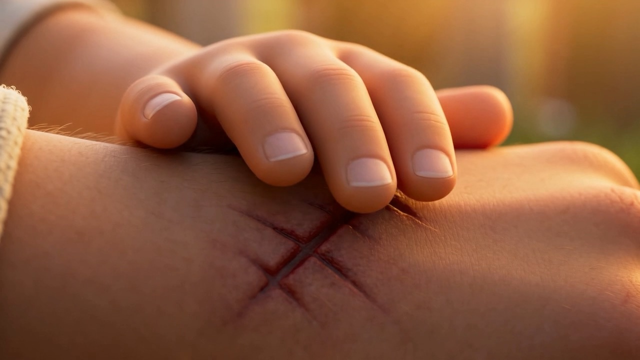 A scar through the wrist, and a child's fingers on it