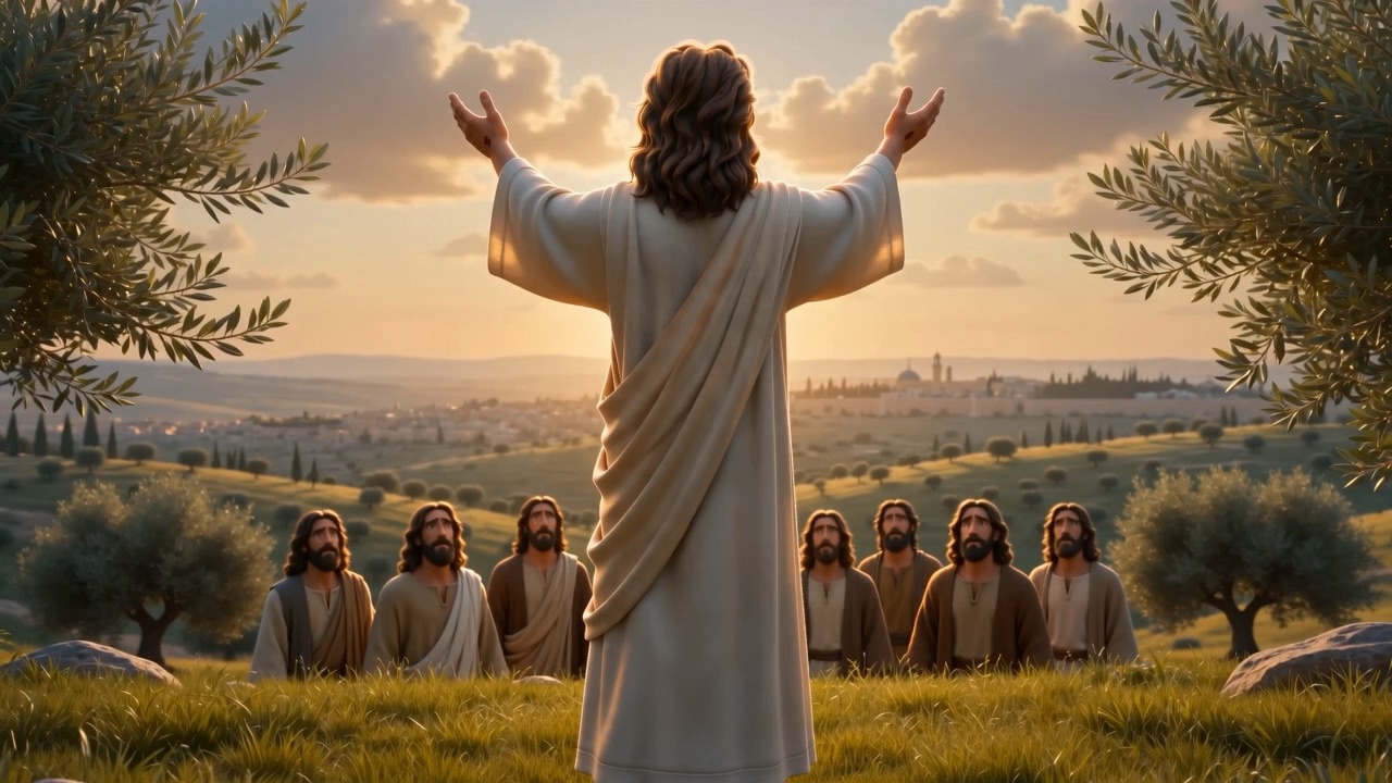 On a hilltop above the city, arms raised, from behind