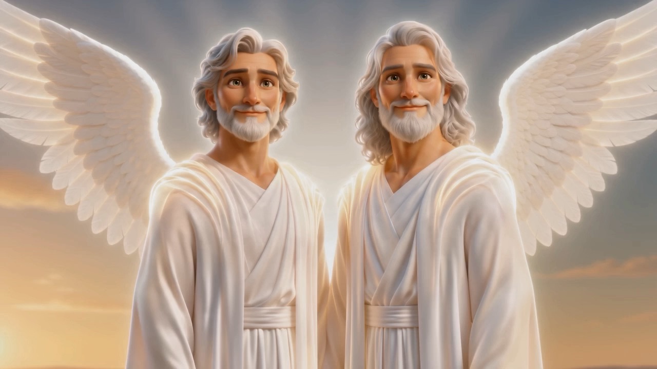 Two figures in white, close, with wings