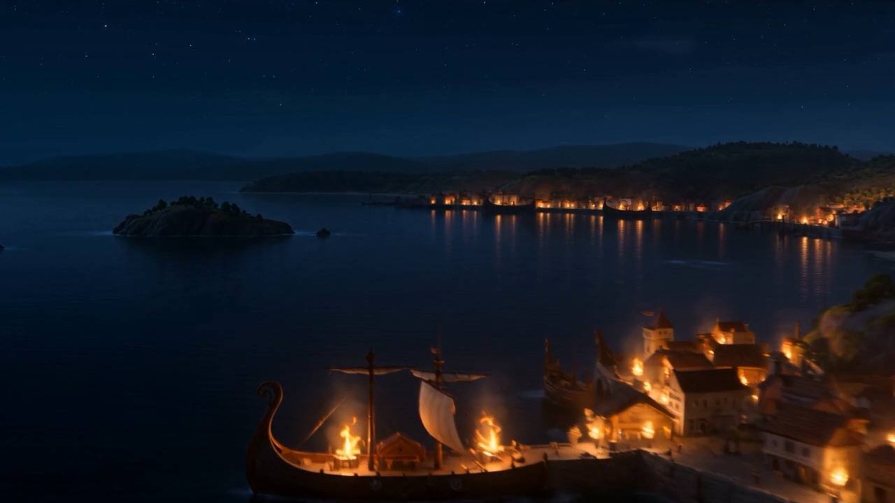 Ships in a lit harbour