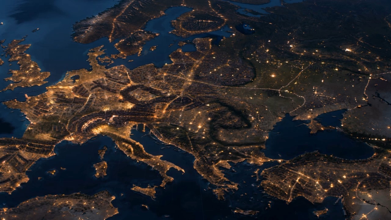 The lit coast from high up, still burning gold