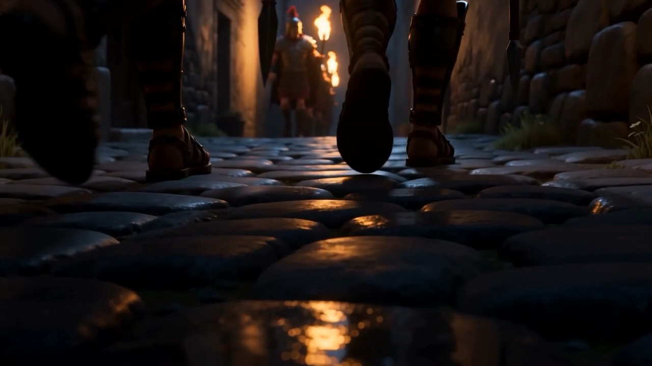 Boots on wet cobbles at night