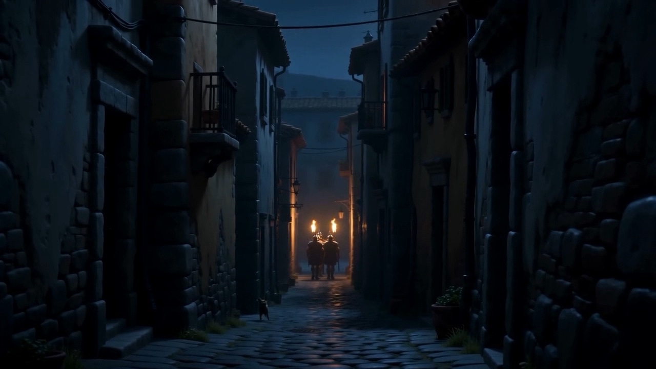 Torchlight down a long alley