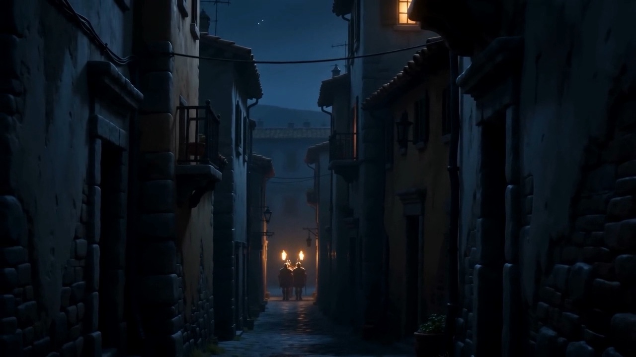 Two lights moving away between the houses