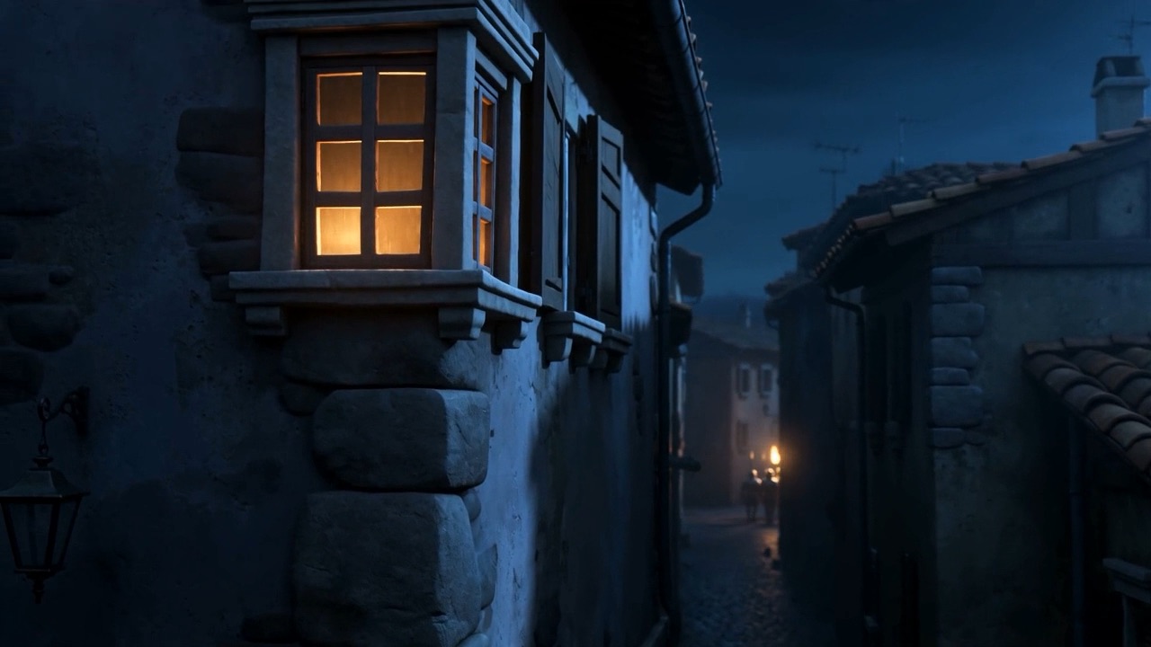 One lit window left, high up