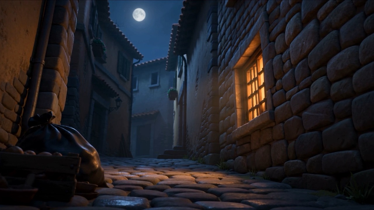 A single lit window in a dark stone wall