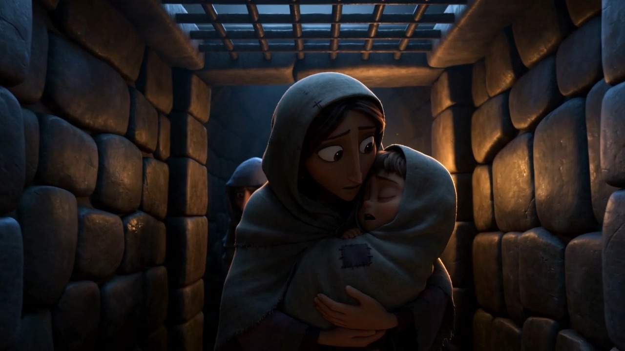 A woman with a child, pressed into a stone alcove