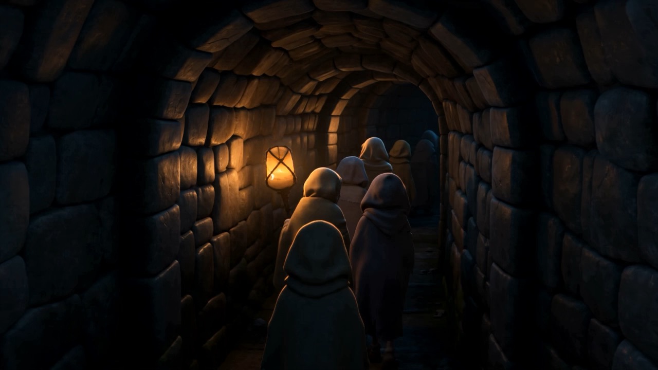 A lamp carried down a vaulted tunnel