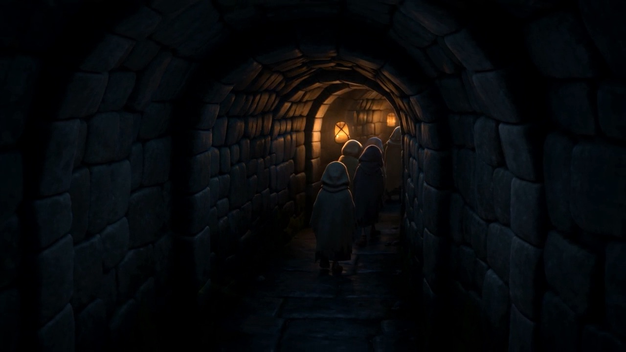 Figures far down the passage, going deeper