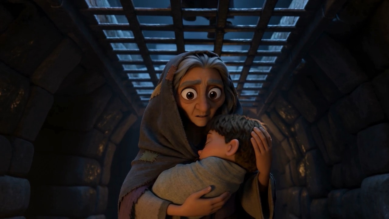 An old woman holding a sleeping boy