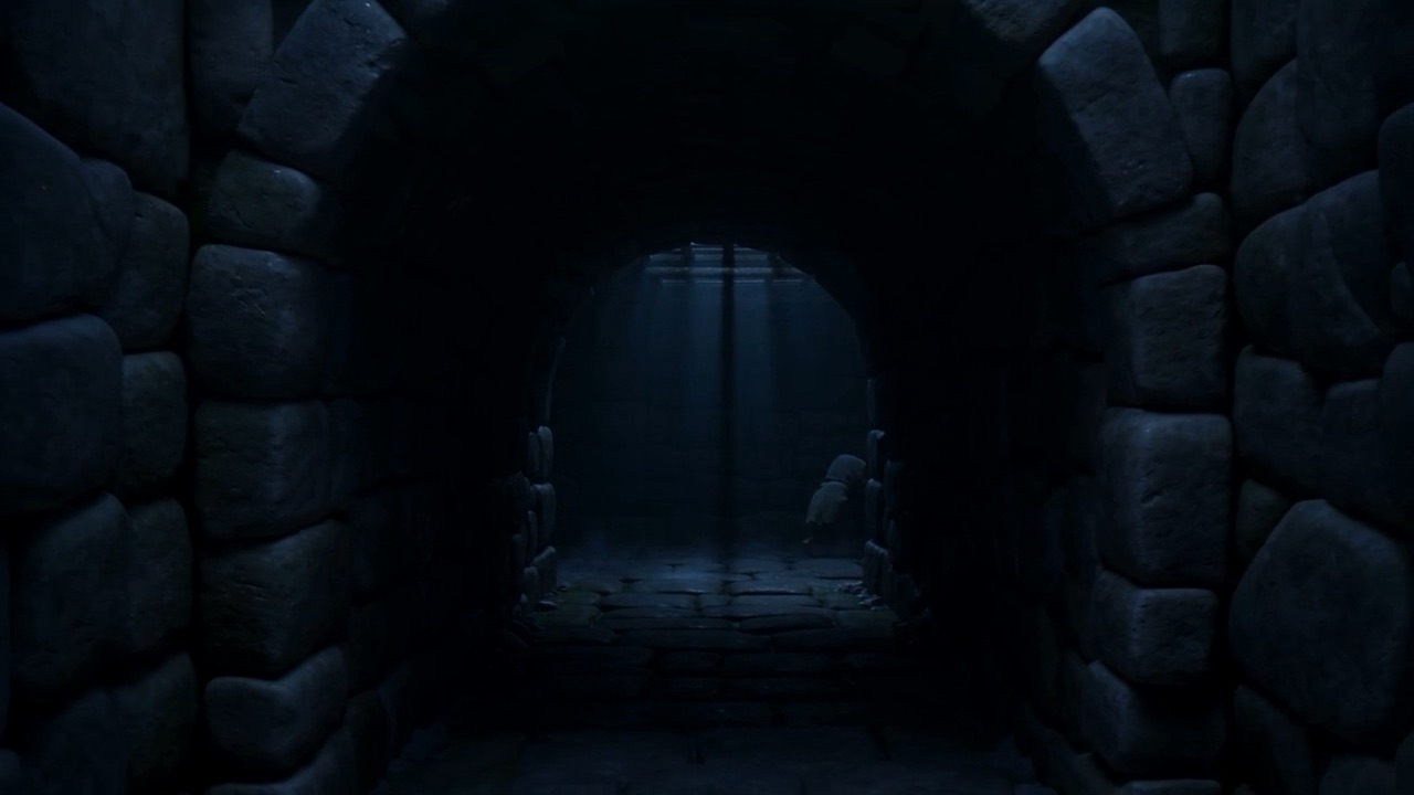 An empty arch, and stairs going down