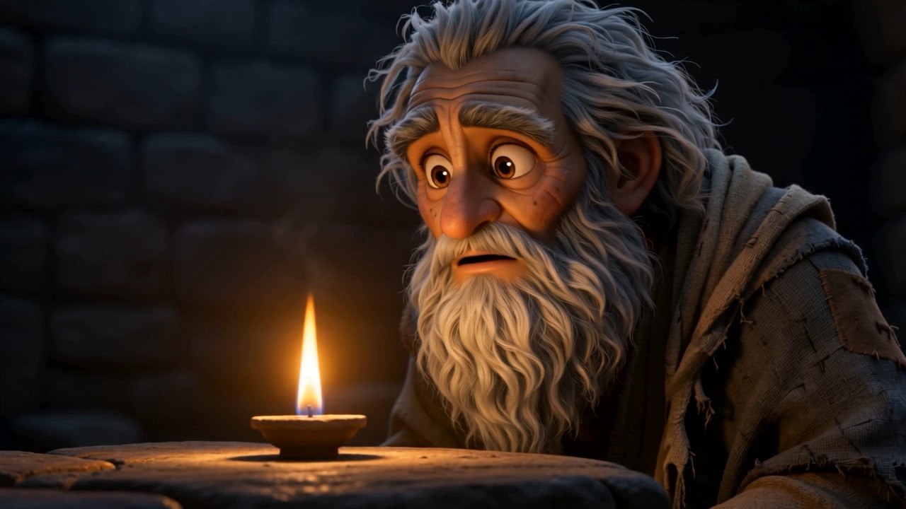 An old man's face beside it, out of the dark