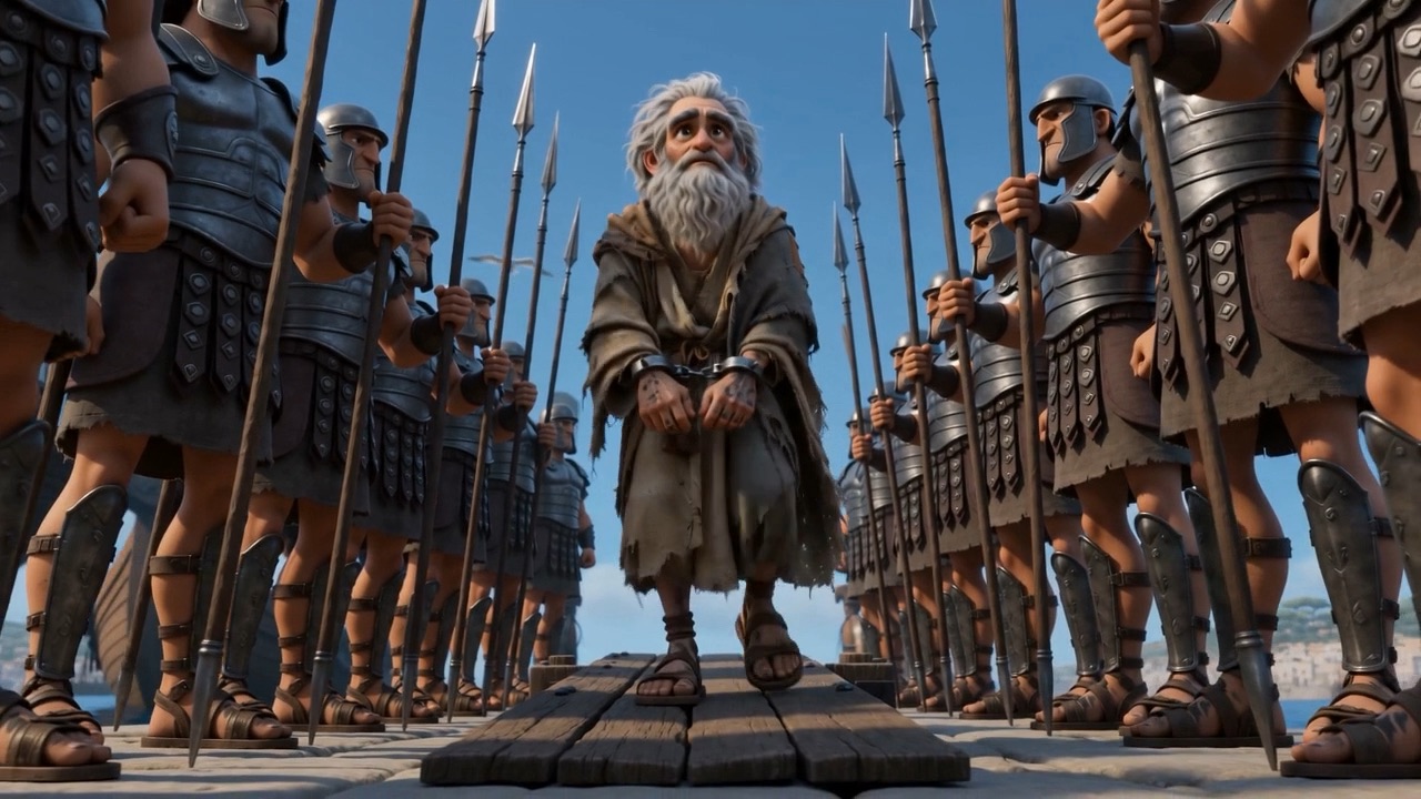 Marched down a quay between two ranks of spears
