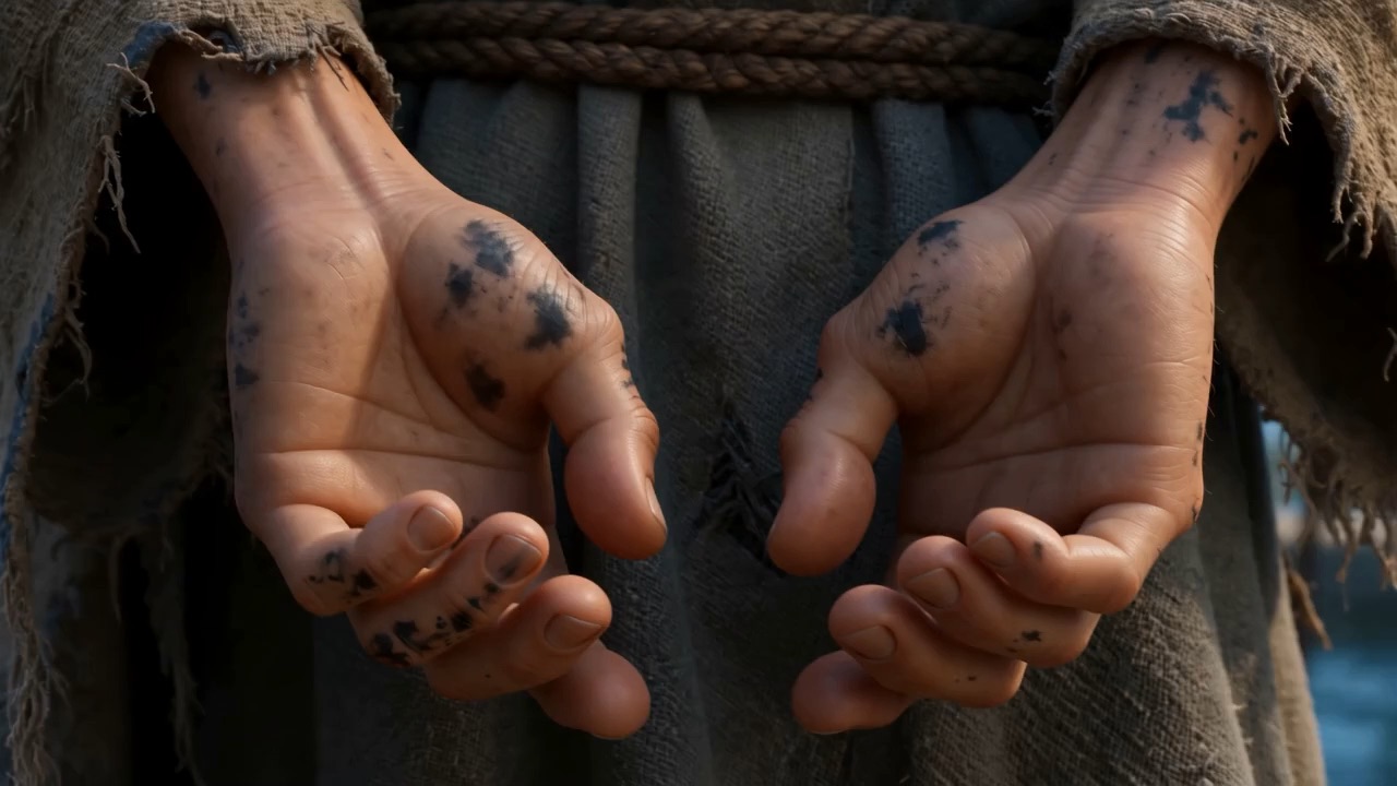 The same hands, open, ropes at the wrist