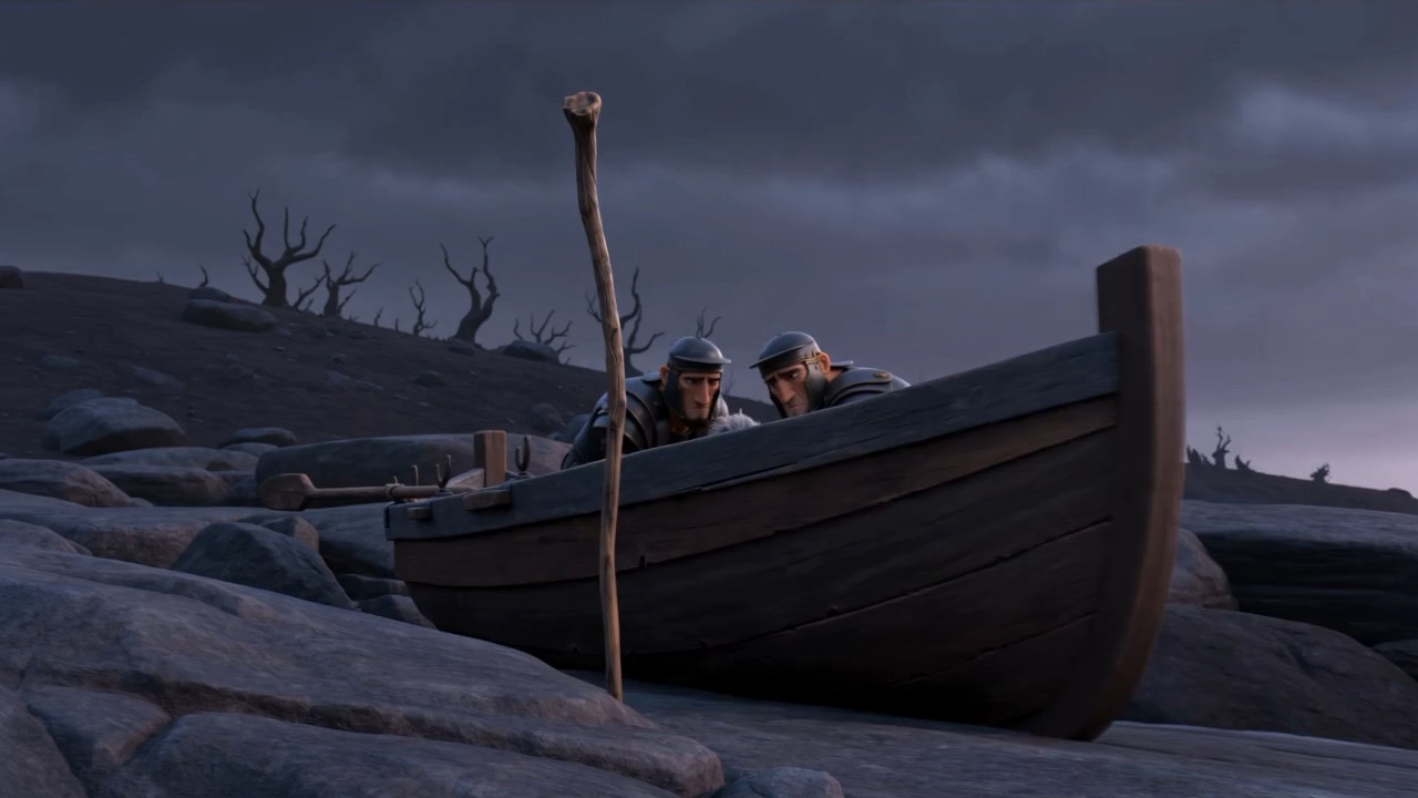 A boat run up onto a stony beach