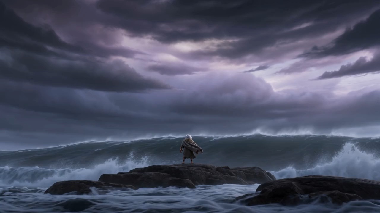 A figure on the rocks with the sea coming in