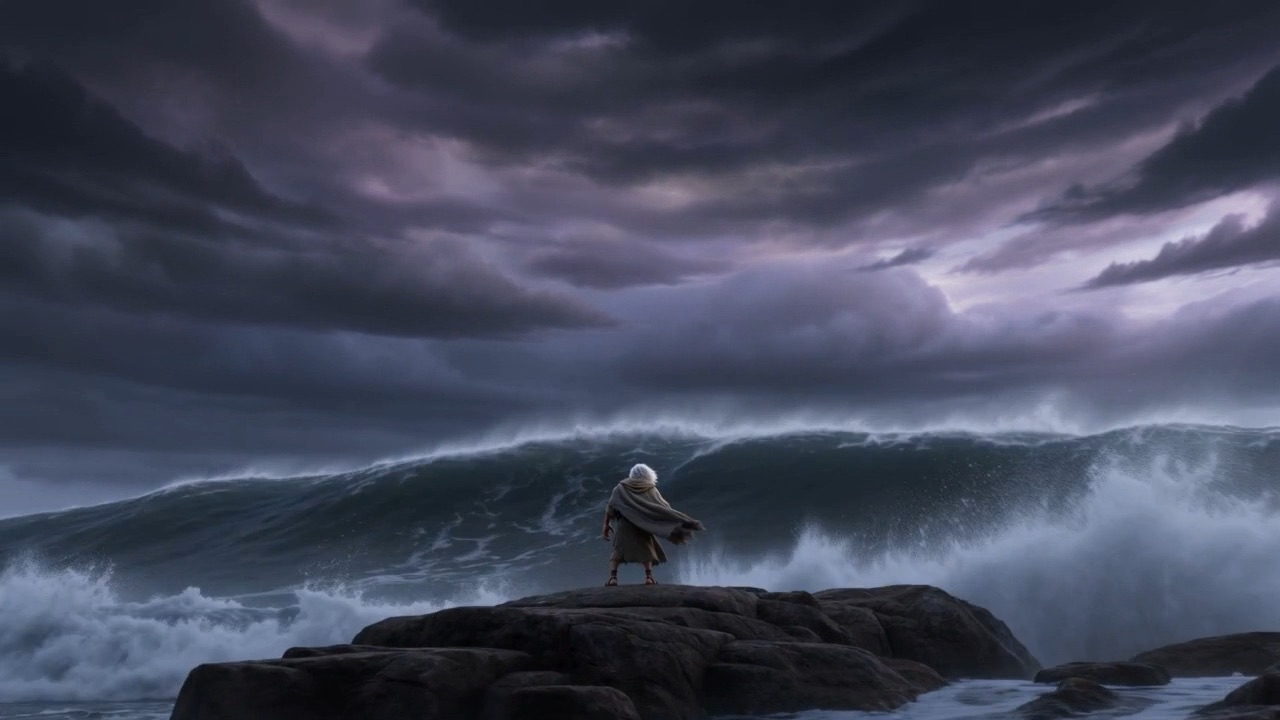 A wave breaking below him