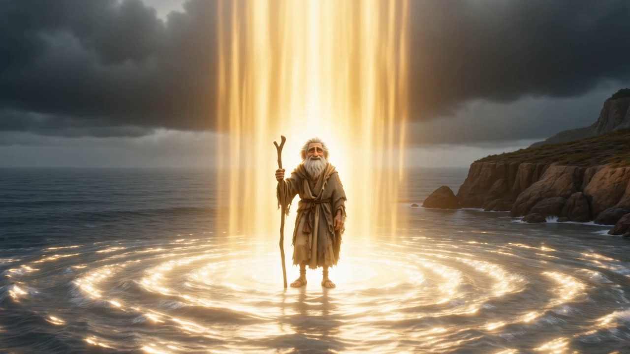 He stands in shallow water inside a ring of light