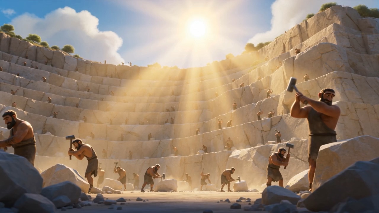 The island quarry in hard sun, prisoners cutting white-gold stone